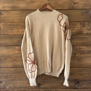 SHEIN Tan Sweater with Brown Floral Design